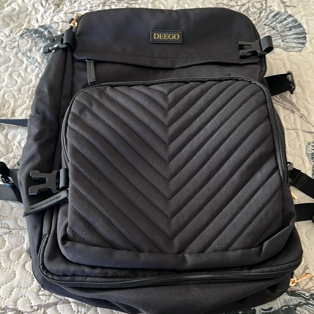Backpack for so many things. Many compartments. Used one time. Black.